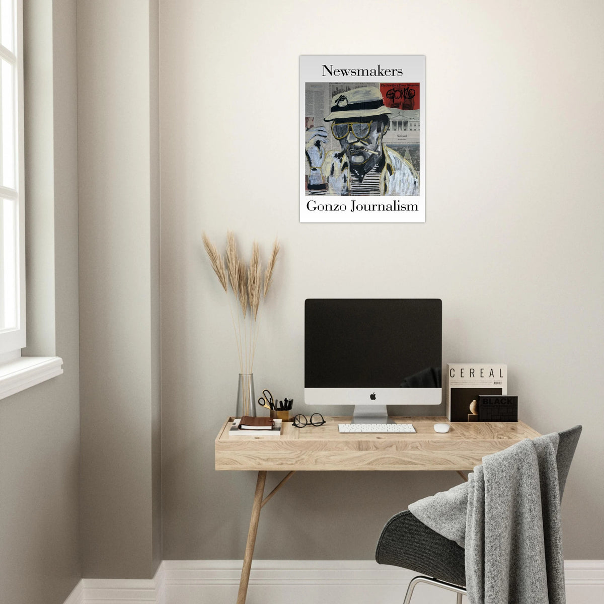 24×32 fine art giclée poster: Hunter S. Thompson in bucket hat and aviators over newspaper headlines with black, white and gold brushstrokes