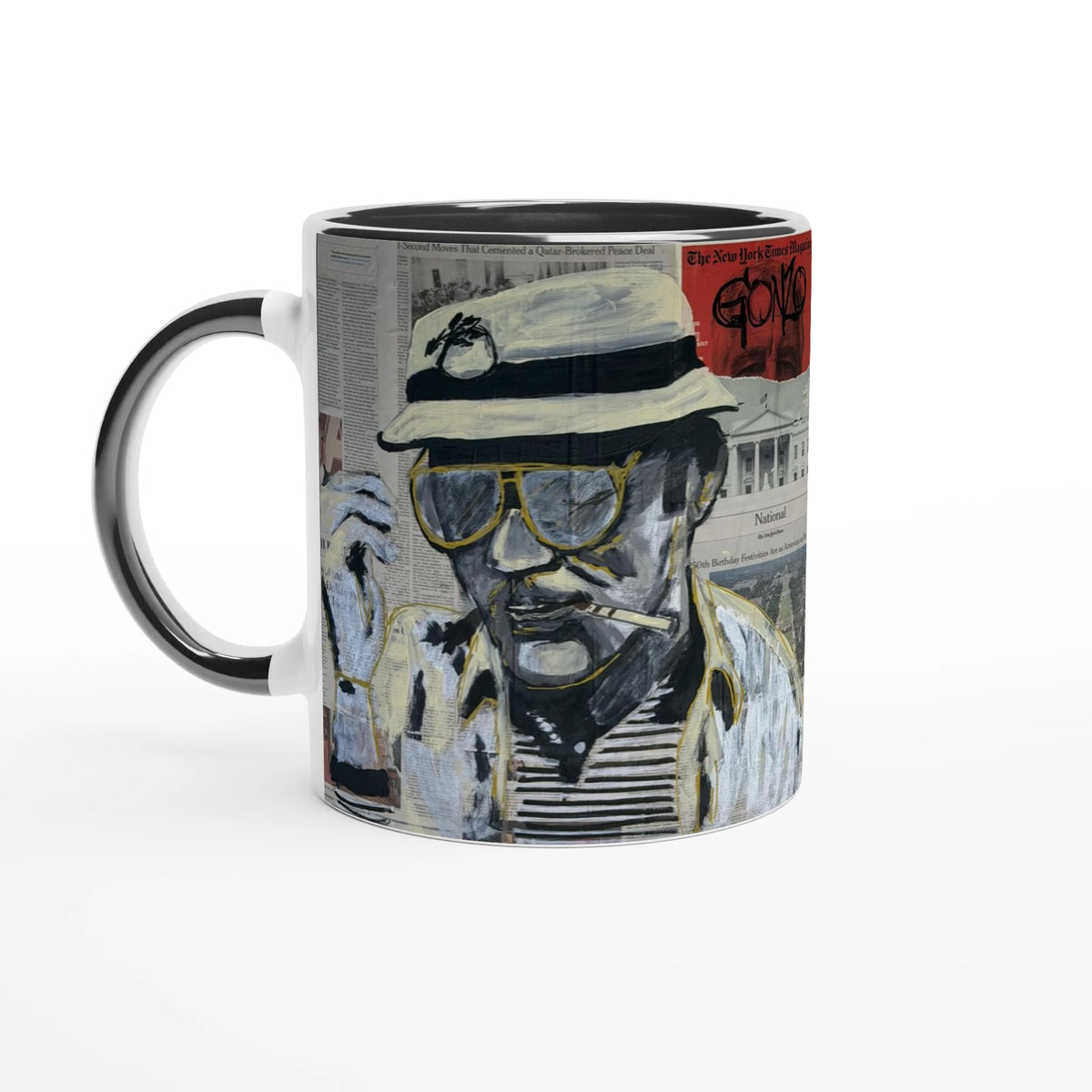 11 oz ceramic mug with Johnny X’s Newsmakers — Gonzo Journalism artwork: Thompson on newspaper pages in black, white and gold