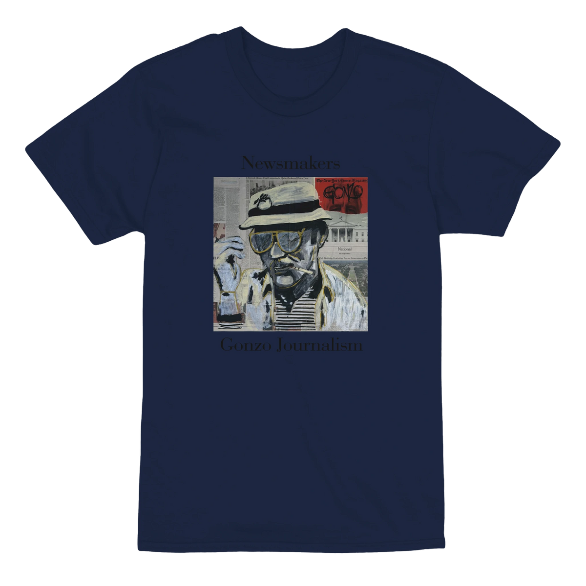 Heavyweight unisex tee printed with Johnny X's Newsmakers — Gonzo Journalism artwork: Thompson in bucket hat over visible newspaper pages