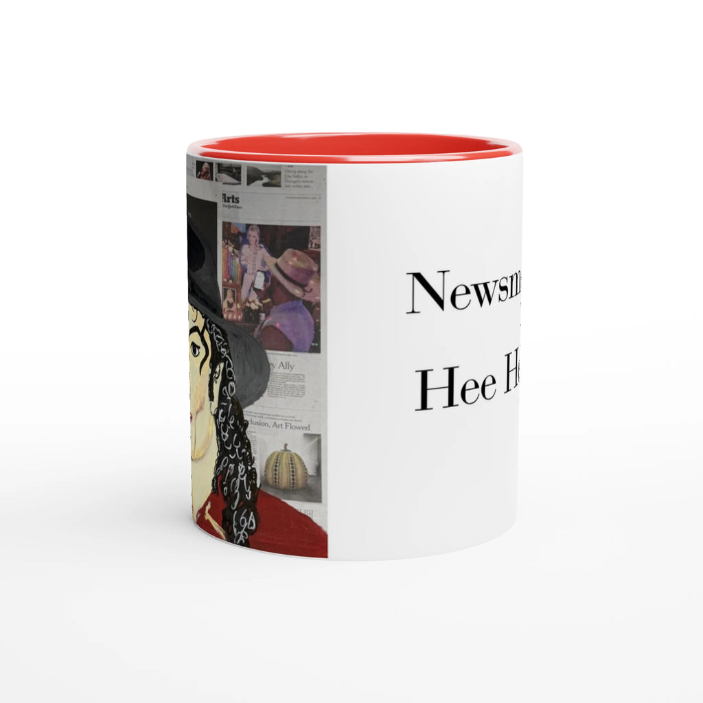 Glossy 11 oz ceramic art mug with Johnny X's Newsmakers — Hee Heee!!! portrait of Michael Jackson over layered newspaper background