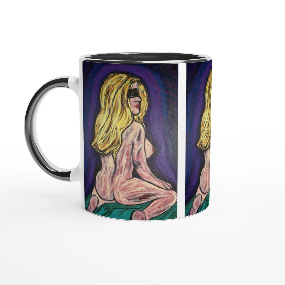 White 11 oz ceramic art mug featuring Johnny X's 'Bellissima — Blinded by Faith' artwork with colored rim, interior and handle