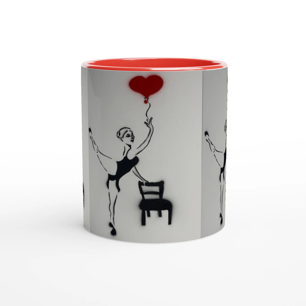 Glossy ceramic art mug showing Johnny X’s Balloon of Love: a daughter reaching for a red heart balloon beside an empty chair