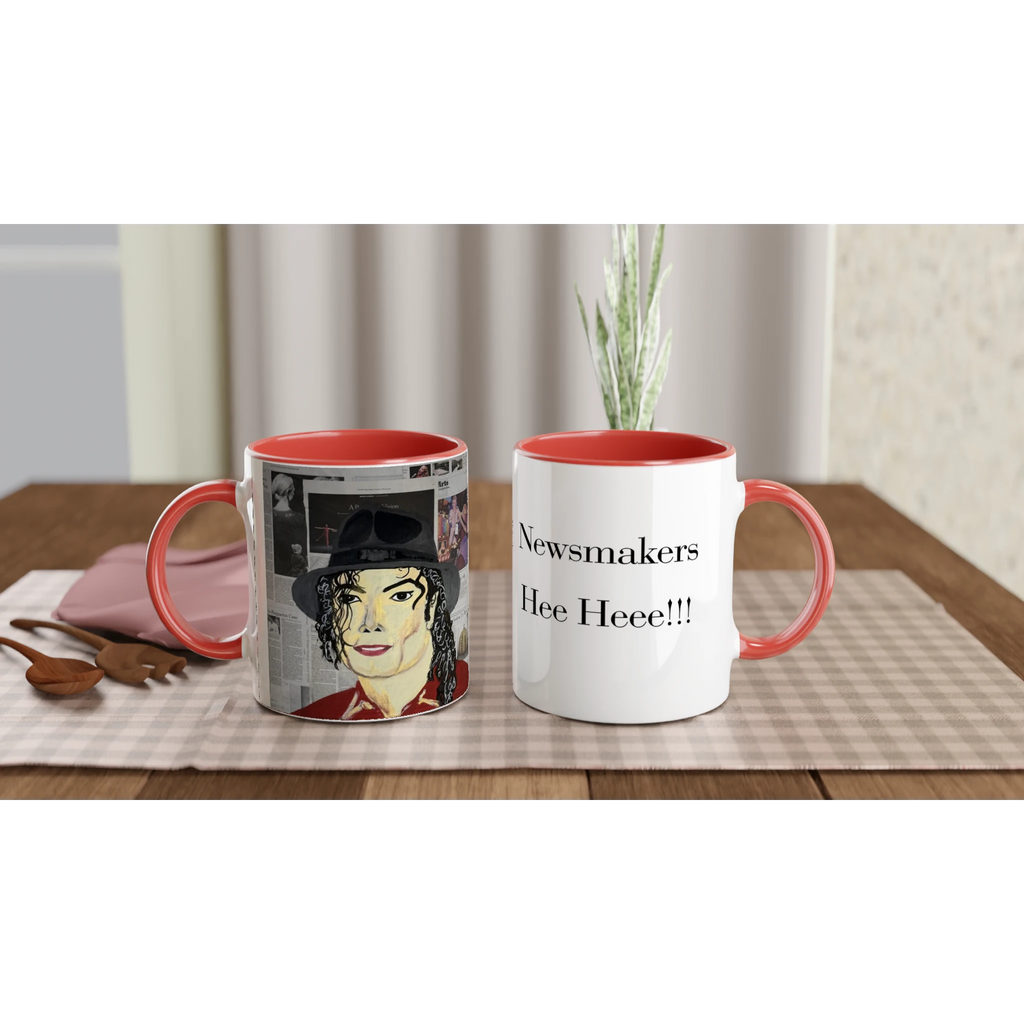 Glossy 11 oz ceramic art mug with Johnny X's Newsmakers — Hee Heee!!! portrait of Michael Jackson over layered newspaper background