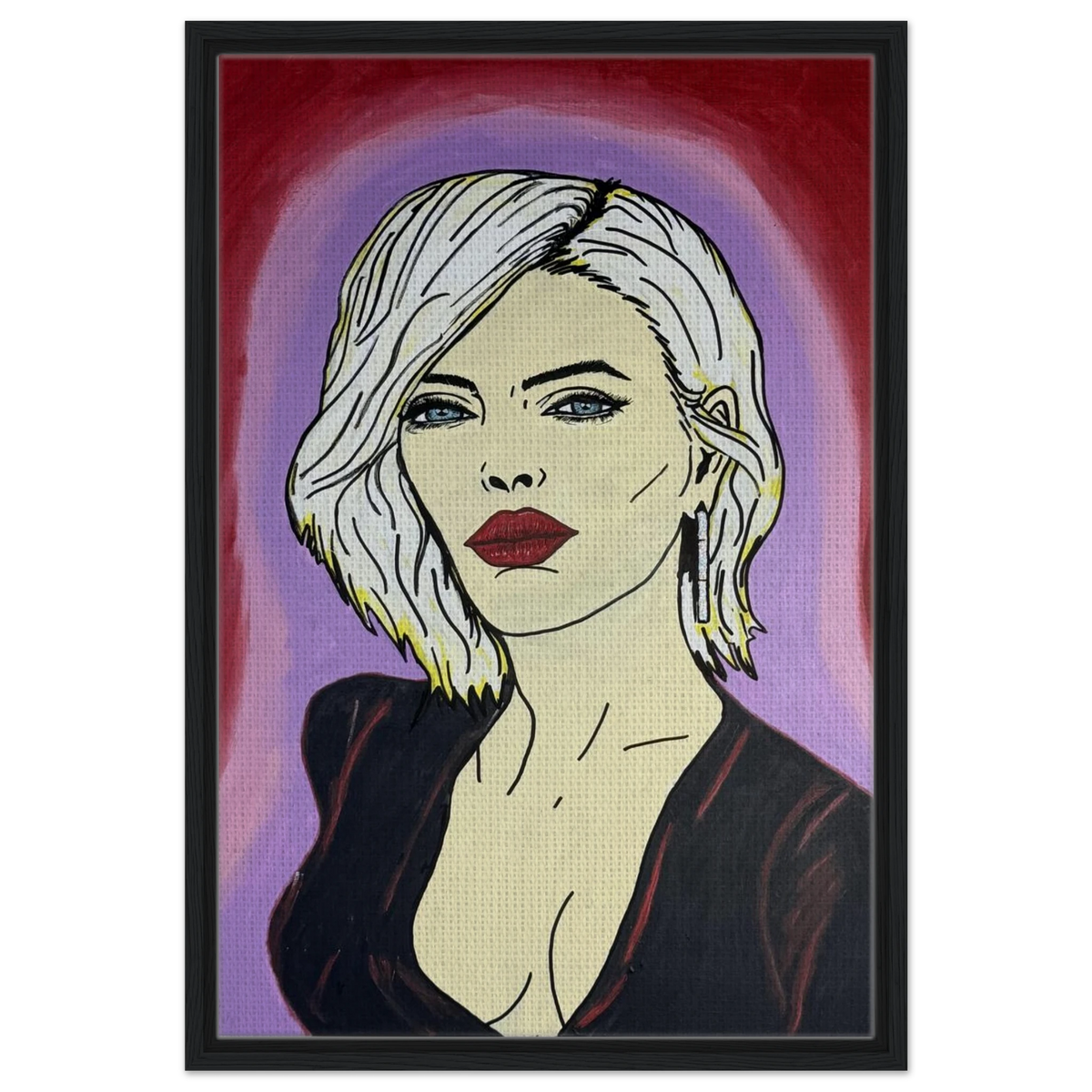 Framed canvas reproduction: portrait with platinum hair, piercing blue eyes and red lips against crimson and violet fields