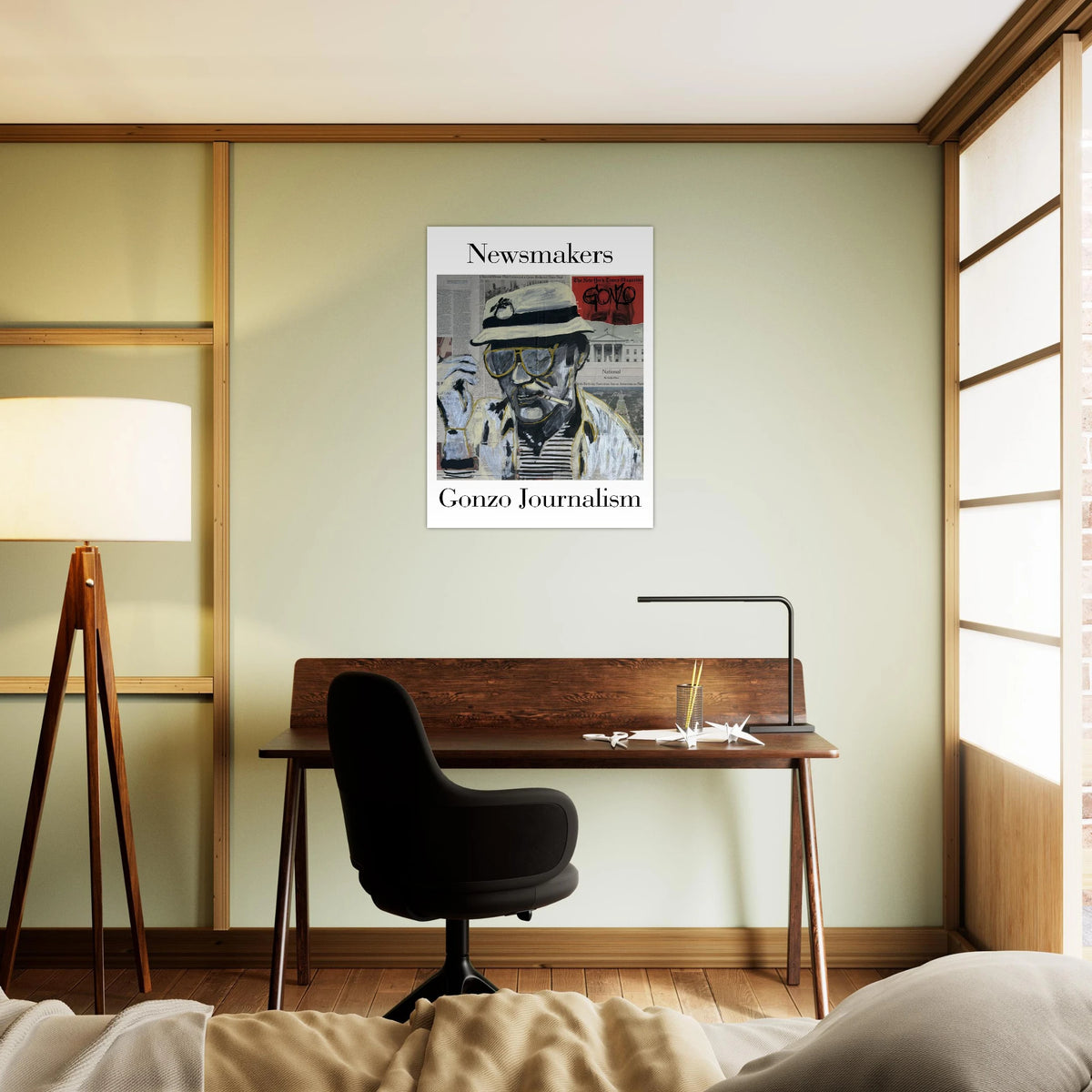 24×32 fine art giclée poster: Hunter S. Thompson in bucket hat and aviators over newspaper headlines with black, white and gold brushstrokes