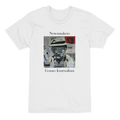 Heavyweight unisex tee printed with Johnny X's Newsmakers — Gonzo Journalism artwork: Thompson in bucket hat over visible newspaper pages