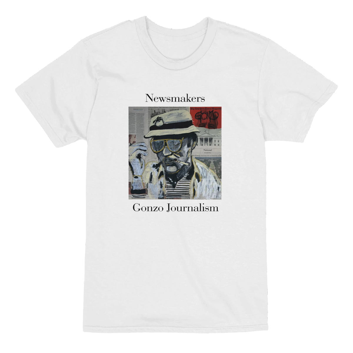 Heavyweight unisex tee printed with Johnny X's Newsmakers — Gonzo Journalism artwork: Thompson in bucket hat over visible newspaper pages
