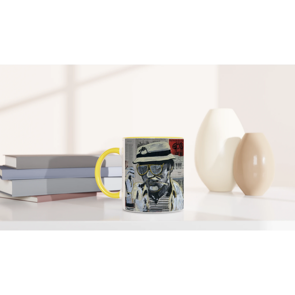11 oz ceramic mug with Johnny X’s Newsmakers — Gonzo Journalism artwork: Thompson on newspaper pages in black, white and gold