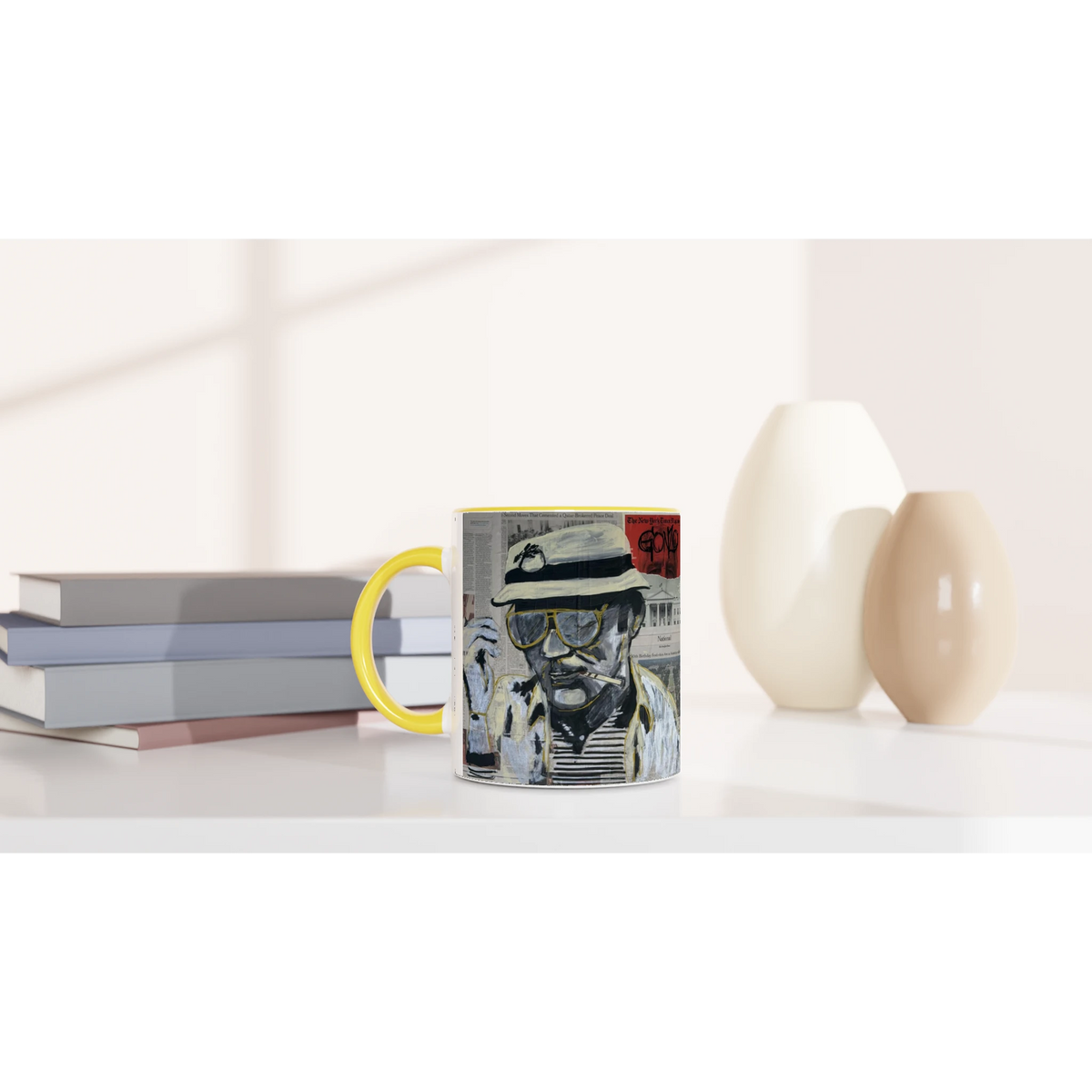11 oz ceramic mug with Johnny X’s Newsmakers — Gonzo Journalism artwork: Thompson on newspaper pages in black, white and gold