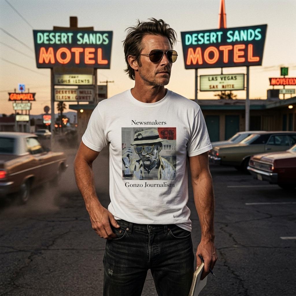 Heavyweight unisex tee printed with Johnny X's Newsmakers — Gonzo Journalism artwork: Thompson in bucket hat over visible newspaper pages