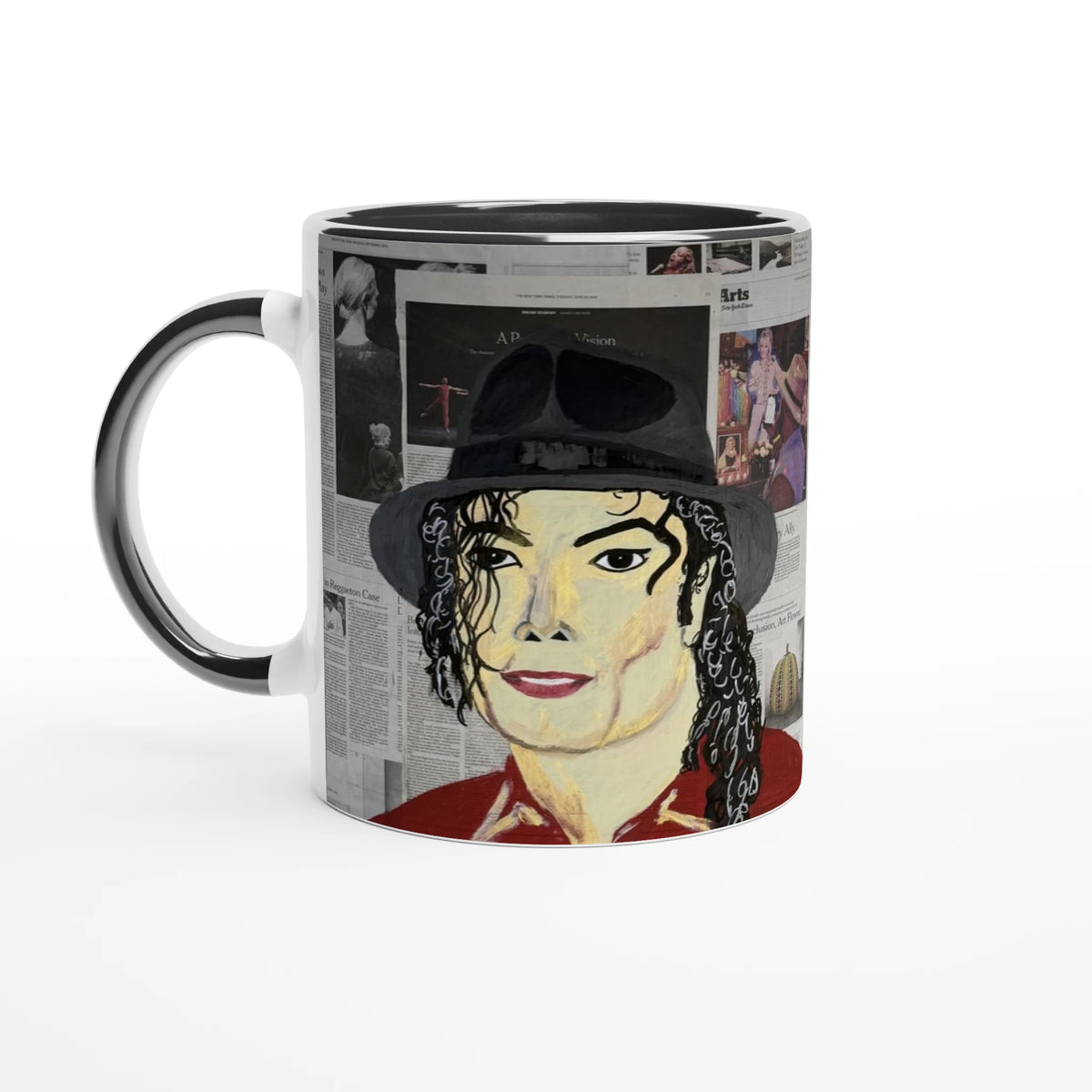 Glossy 11 oz ceramic art mug with Johnny X's Newsmakers — Hee Heee!!! portrait of Michael Jackson over layered newspaper background