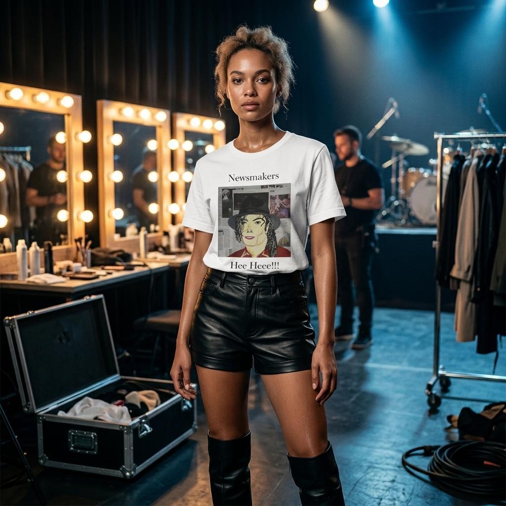 Heavyweight unisex tee featuring Johnny X's Newsmakers — Hee Heee!!! portrait of Michael Jackson over newspaper layers