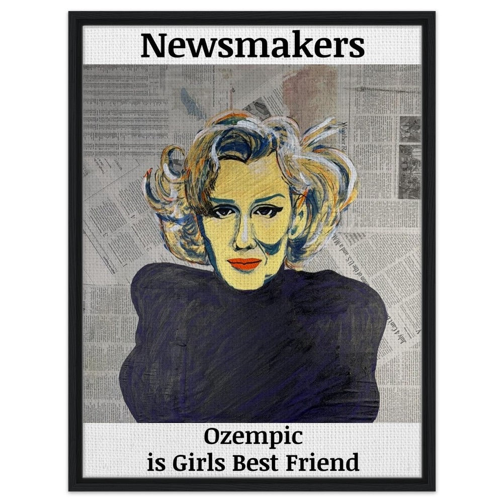"NEWMAKERS – Ozempic Is a Girl's Best Friend" Framed Canvas 60x80 cm / 24x32″