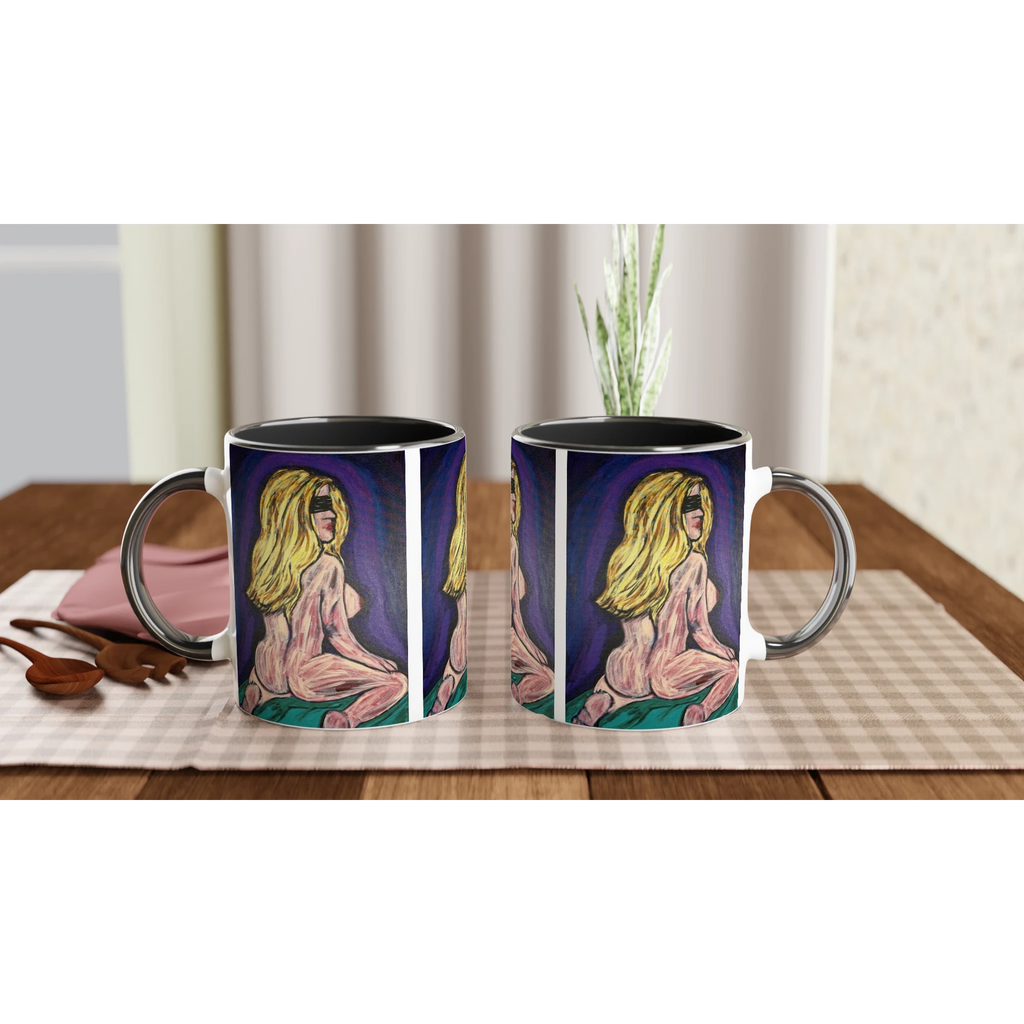 White 11 oz ceramic art mug featuring Johnny X's 'Bellissima — Blinded by Faith' artwork with colored rim, interior and handle