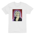 Heavyweight unisex tee printed with Johnny X's The Alchemist — portrait of a woman with platinum hair, piercing blue eyes and deep red lips