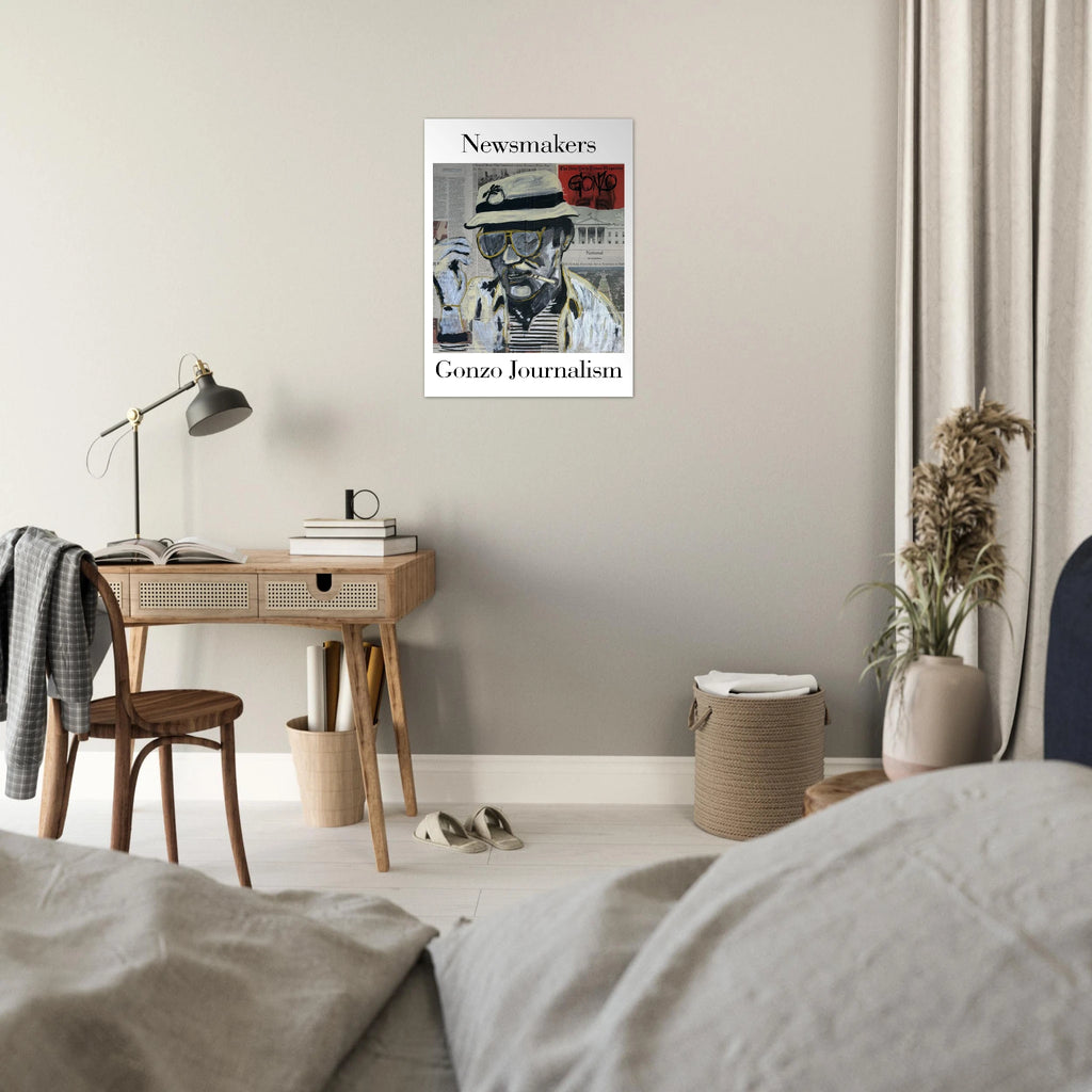 24×32 fine art giclée poster: Hunter S. Thompson in bucket hat and aviators over newspaper headlines with black, white and gold brushstrokes