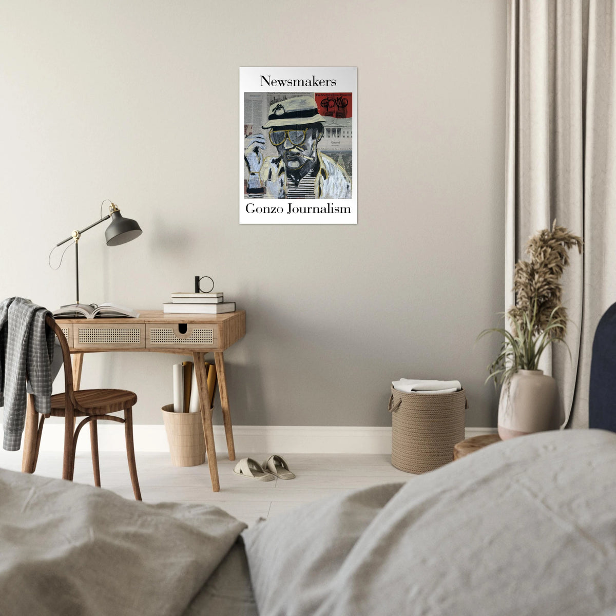 24×32 fine art giclée poster: Hunter S. Thompson in bucket hat and aviators over newspaper headlines with black, white and gold brushstrokes