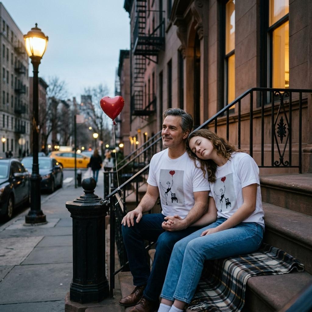 Heavyweight unisex tee printed with Johnny X’s Balloon of Love: a ballerina by an empty chair and a red heart balloon