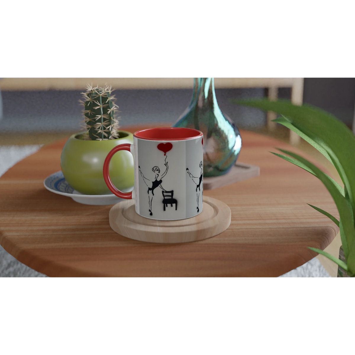 Glossy ceramic art mug showing Johnny X’s Balloon of Love: a daughter reaching for a red heart balloon beside an empty chair