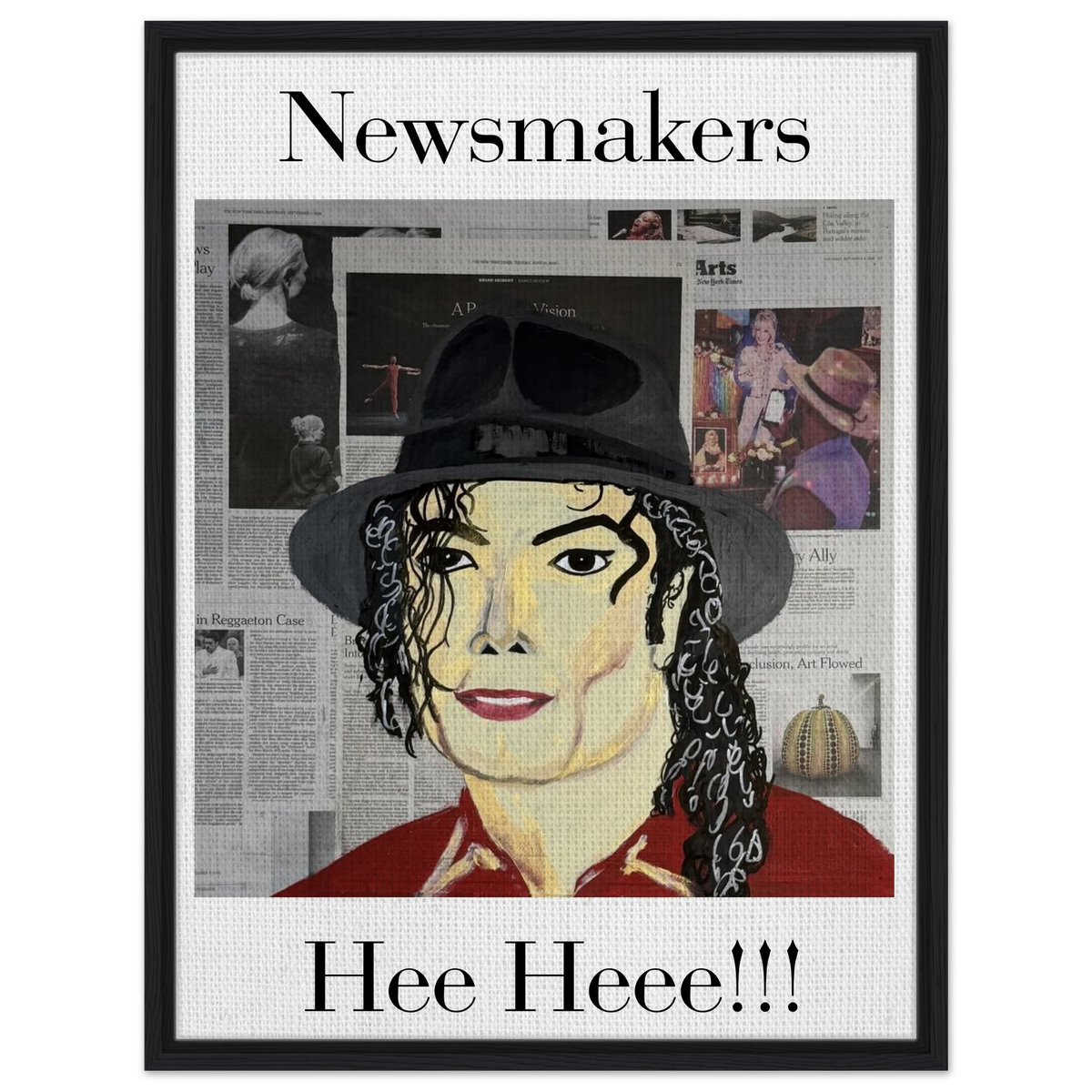 Framed 24 × 32 in. Johnny X 'Hee Heee!!!' canvas: Michael Jackson portrait layered over newspaper textures