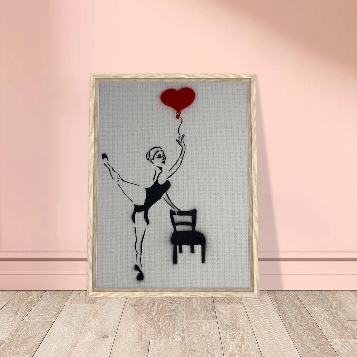 Framed 18×24 canvas reproduction of Balloon of Love: girl on one foot, empty chair, red heart balloon tied to her fingertips.