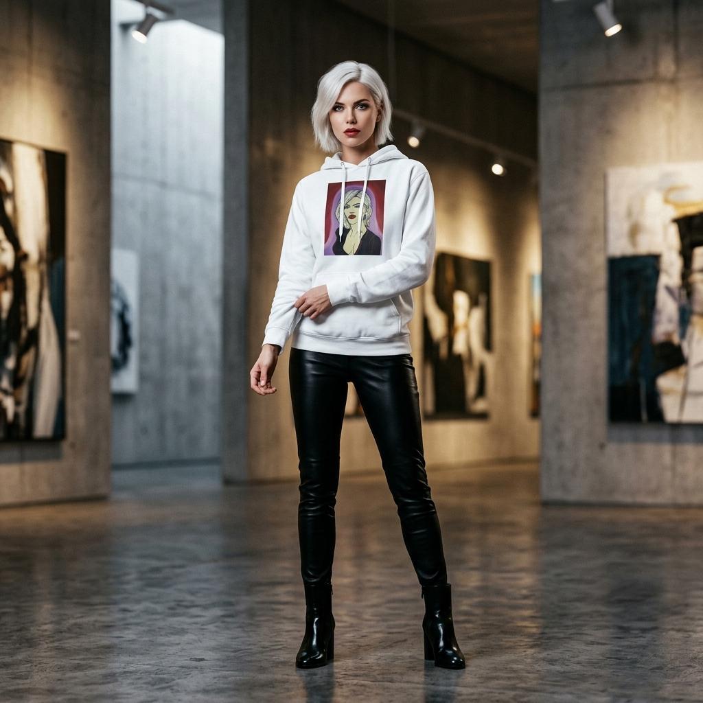 Classic hoodie printed with Johnny X’s The Alchemist — A Muse of the Divine portrait: platinum hair, piercing blue eyes and deep red lips
