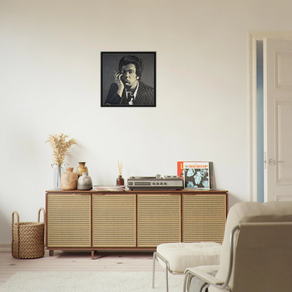 Monochromatic portrait of Billy Joel in black, white and gray on a 24×24 in framed canvas reproduction