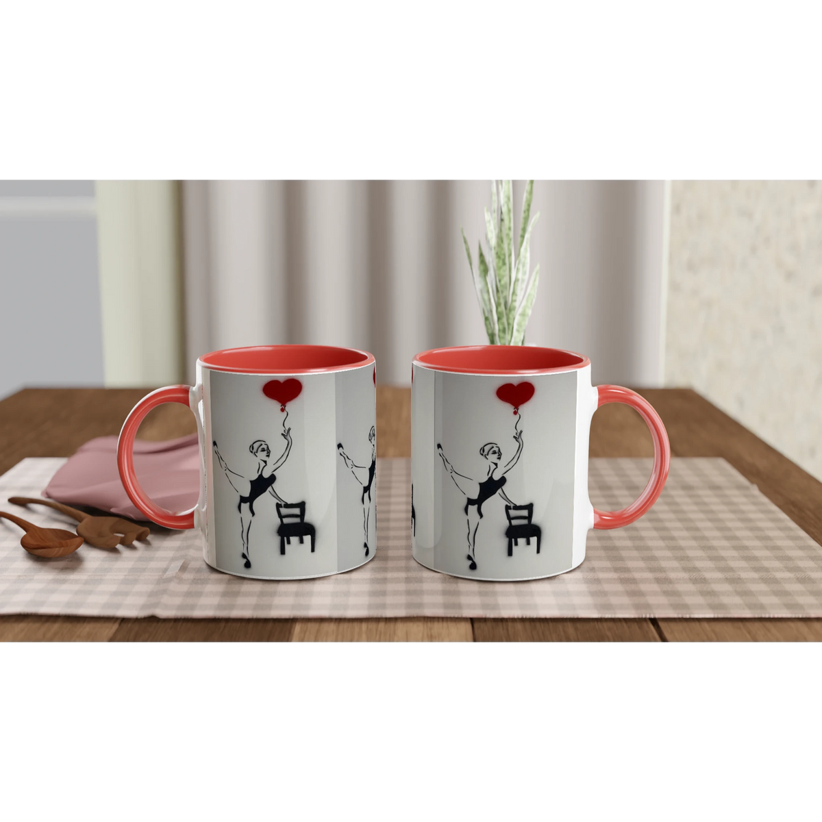 Glossy ceramic art mug showing Johnny X’s Balloon of Love: a daughter reaching for a red heart balloon beside an empty chair
