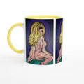 White 11 oz ceramic art mug featuring Johnny X's 'Bellissima — Blinded by Faith' artwork with colored rim, interior and handle