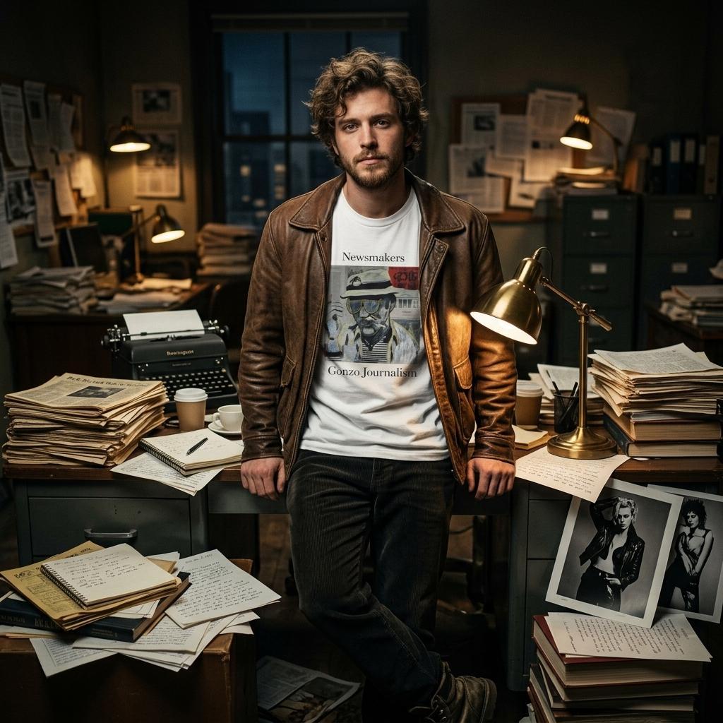 Heavyweight unisex tee printed with Johnny X's Newsmakers — Gonzo Journalism artwork: Thompson in bucket hat over visible newspaper pages