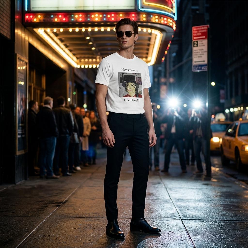 Heavyweight unisex tee featuring Johnny X's Newsmakers — Hee Heee!!! portrait of Michael Jackson over newspaper layers