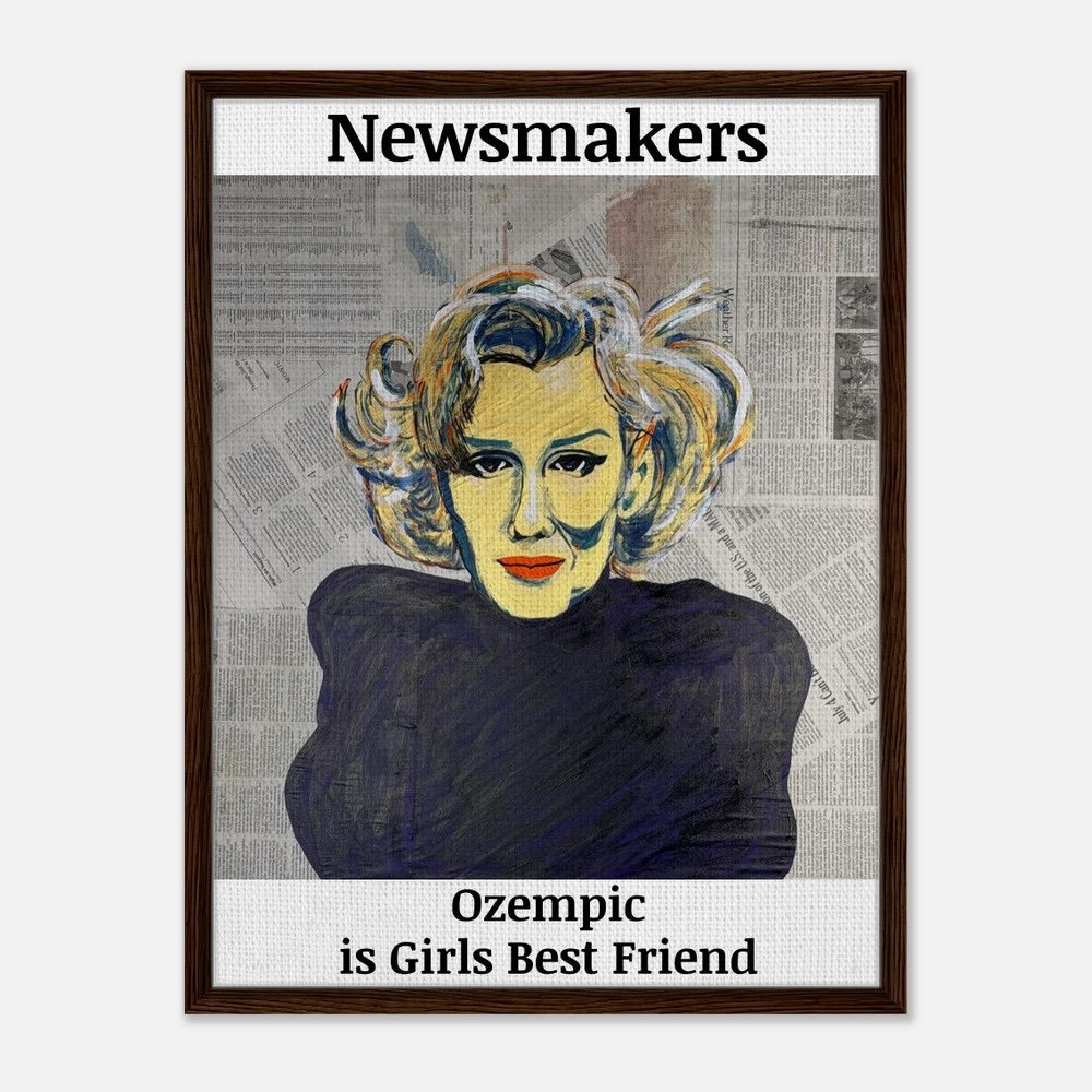 "NEWMAKERS – Ozempic Is a Girl's Best Friend" Framed Canvas 60x80 cm / 24x32″