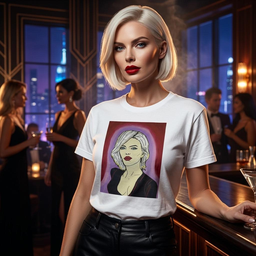 Heavyweight unisex tee printed with Johnny X's The Alchemist — portrait of a woman with platinum hair, piercing blue eyes and deep red lips