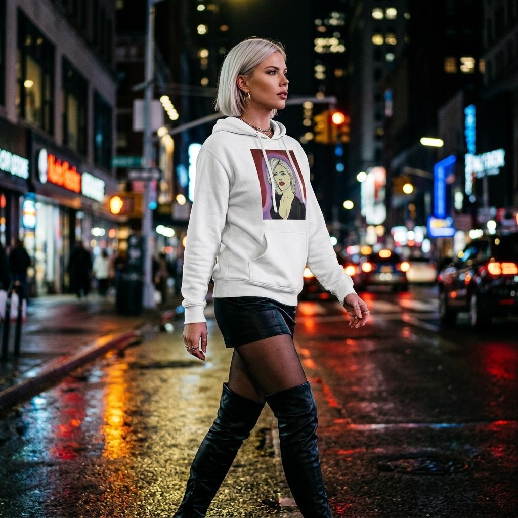 Classic hoodie printed with Johnny X’s The Alchemist — A Muse of the Divine portrait: platinum hair, piercing blue eyes and deep red lips