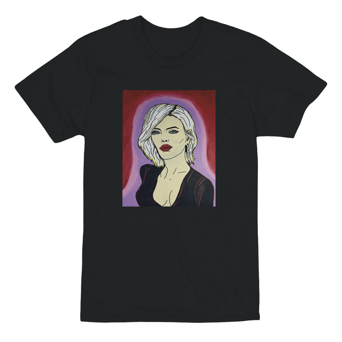 Heavyweight unisex tee printed with Johnny X's The Alchemist — portrait of a woman with platinum hair, piercing blue eyes and deep red lips