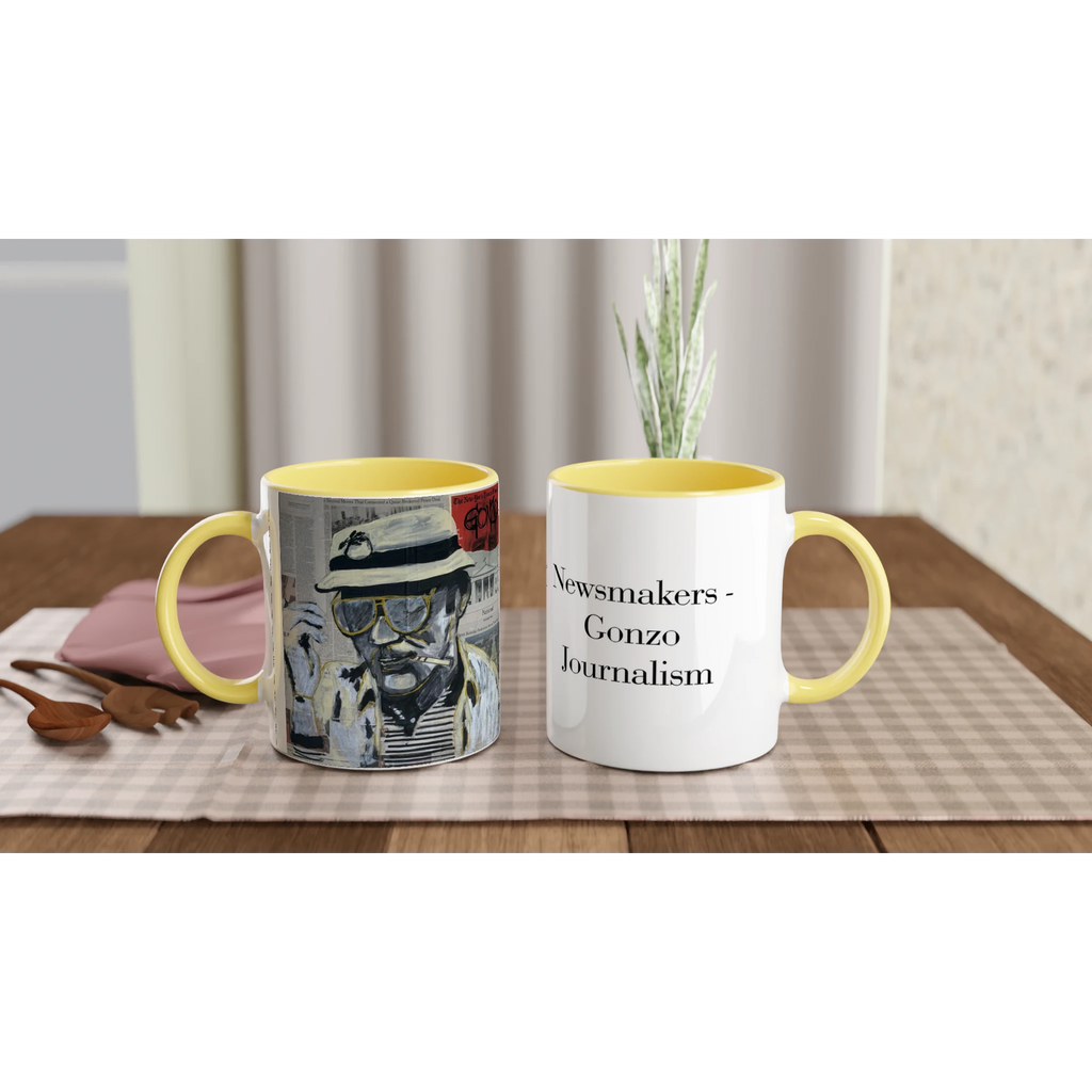 11 oz ceramic mug with Johnny X’s Newsmakers — Gonzo Journalism artwork: Thompson on newspaper pages in black, white and gold