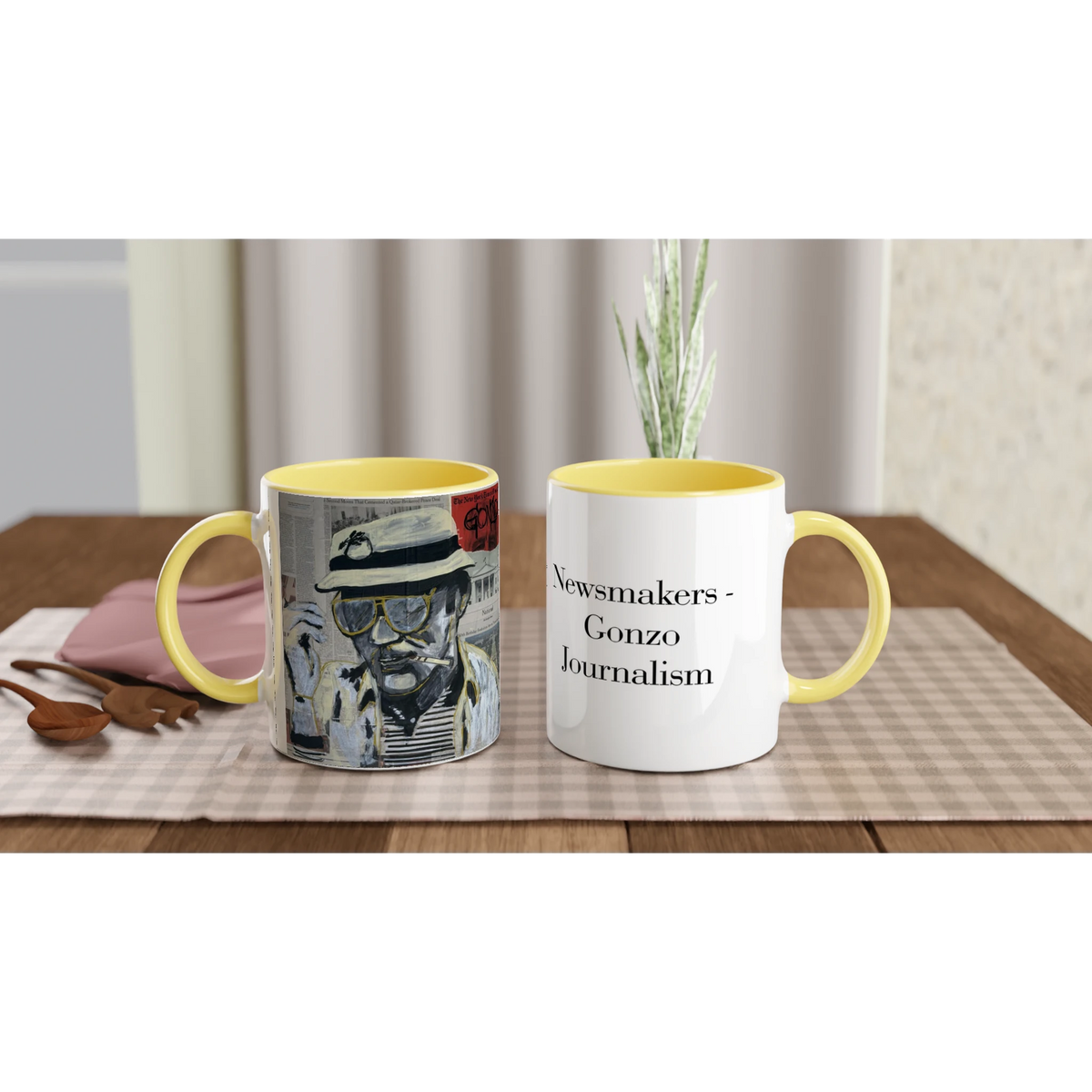 11 oz ceramic mug with Johnny X’s Newsmakers — Gonzo Journalism artwork: Thompson on newspaper pages in black, white and gold