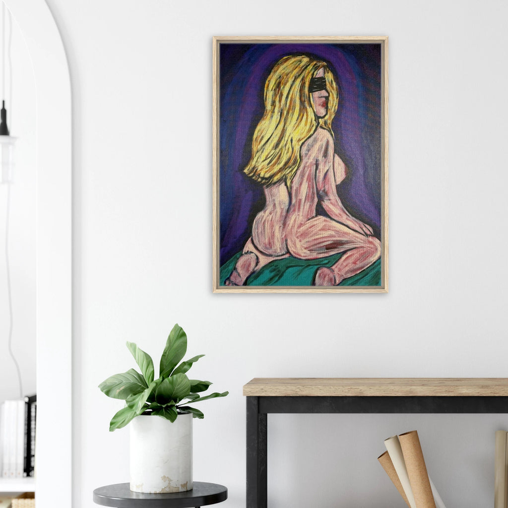 Framed canvas reproduction of Bellissima — Blinded by Faith: a blindfolded woman, exposed and vulnerable, awaiting love beyond darkness.