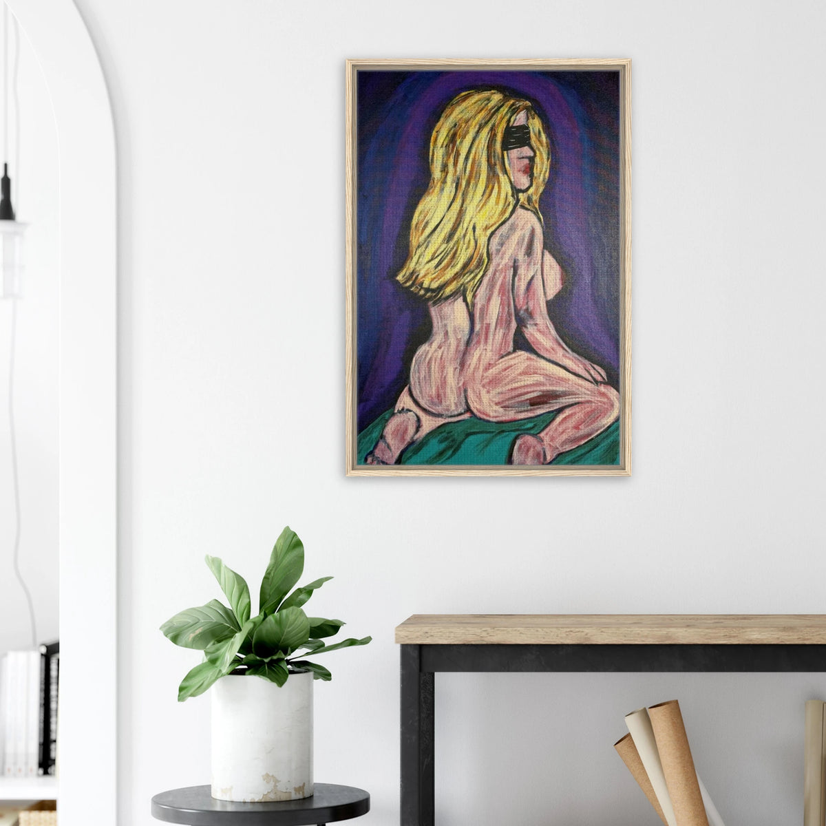 Framed canvas reproduction of Bellissima — Blinded by Faith: a blindfolded woman, exposed and vulnerable, awaiting love beyond darkness.