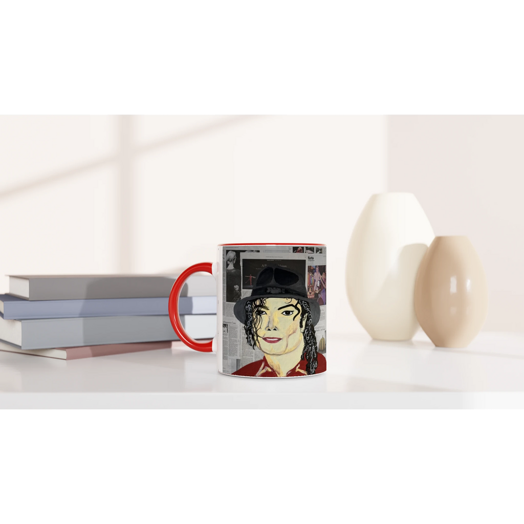 Glossy 11 oz ceramic art mug with Johnny X's Newsmakers — Hee Heee!!! portrait of Michael Jackson over layered newspaper background