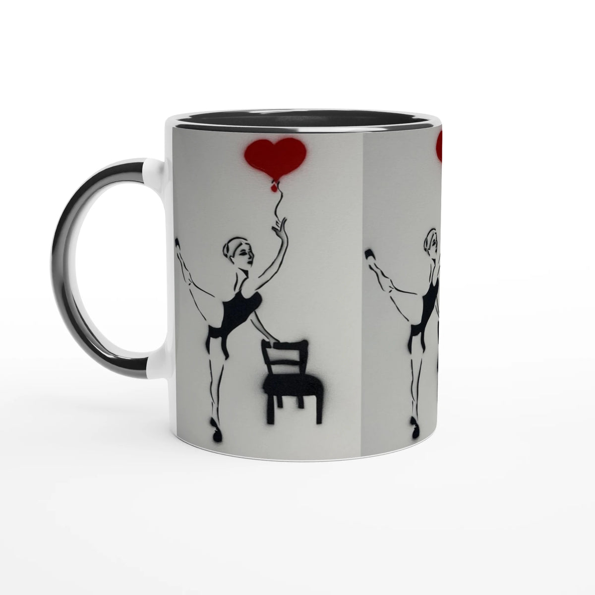 Glossy ceramic art mug showing Johnny X’s Balloon of Love: a daughter reaching for a red heart balloon beside an empty chair