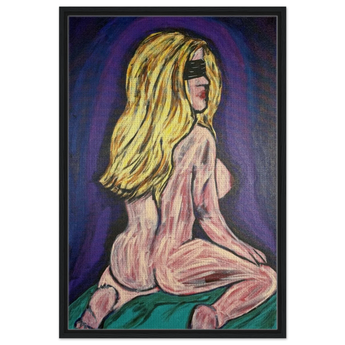 Framed canvas reproduction of Bellissima — Blinded by Faith: a blindfolded woman, exposed and vulnerable, awaiting love beyond darkness.