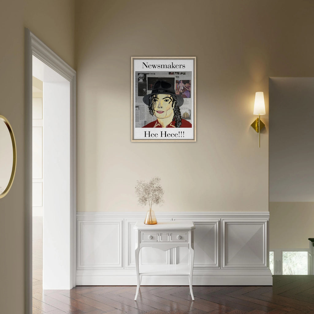 Framed 24 × 32 in. Johnny X 'Hee Heee!!!' canvas: Michael Jackson portrait layered over newspaper textures