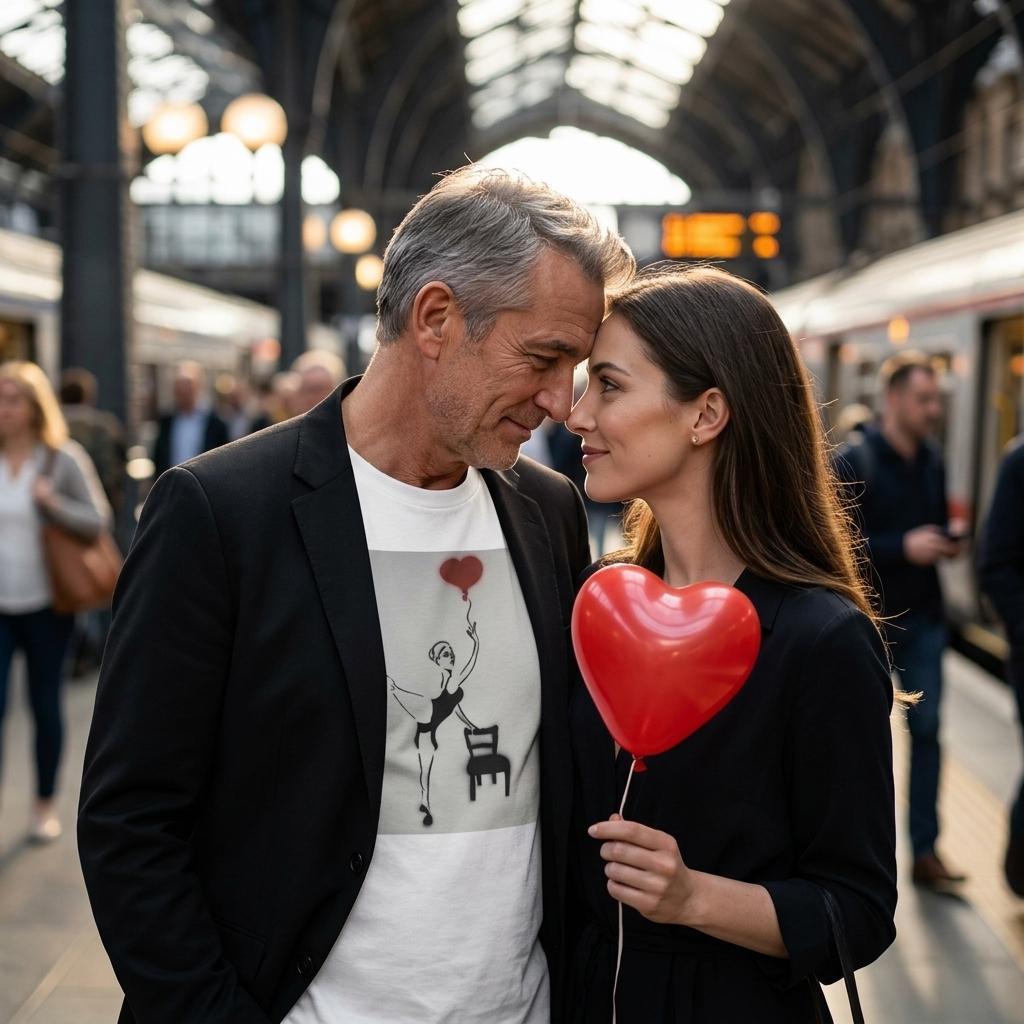 Heavyweight unisex tee printed with Johnny X’s Balloon of Love: a ballerina by an empty chair and a red heart balloon