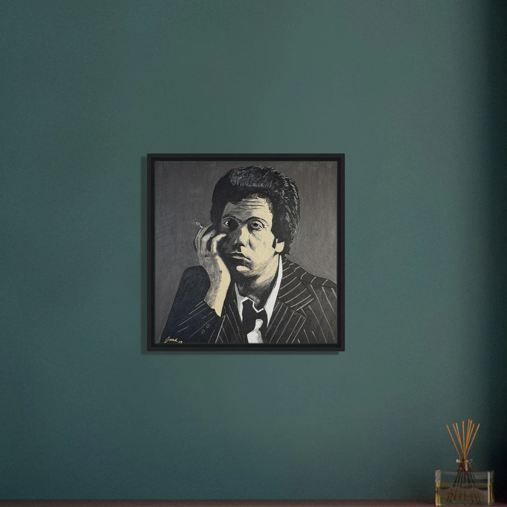 Monochromatic portrait of Billy Joel in black, white and gray on a 24×24 in framed canvas reproduction