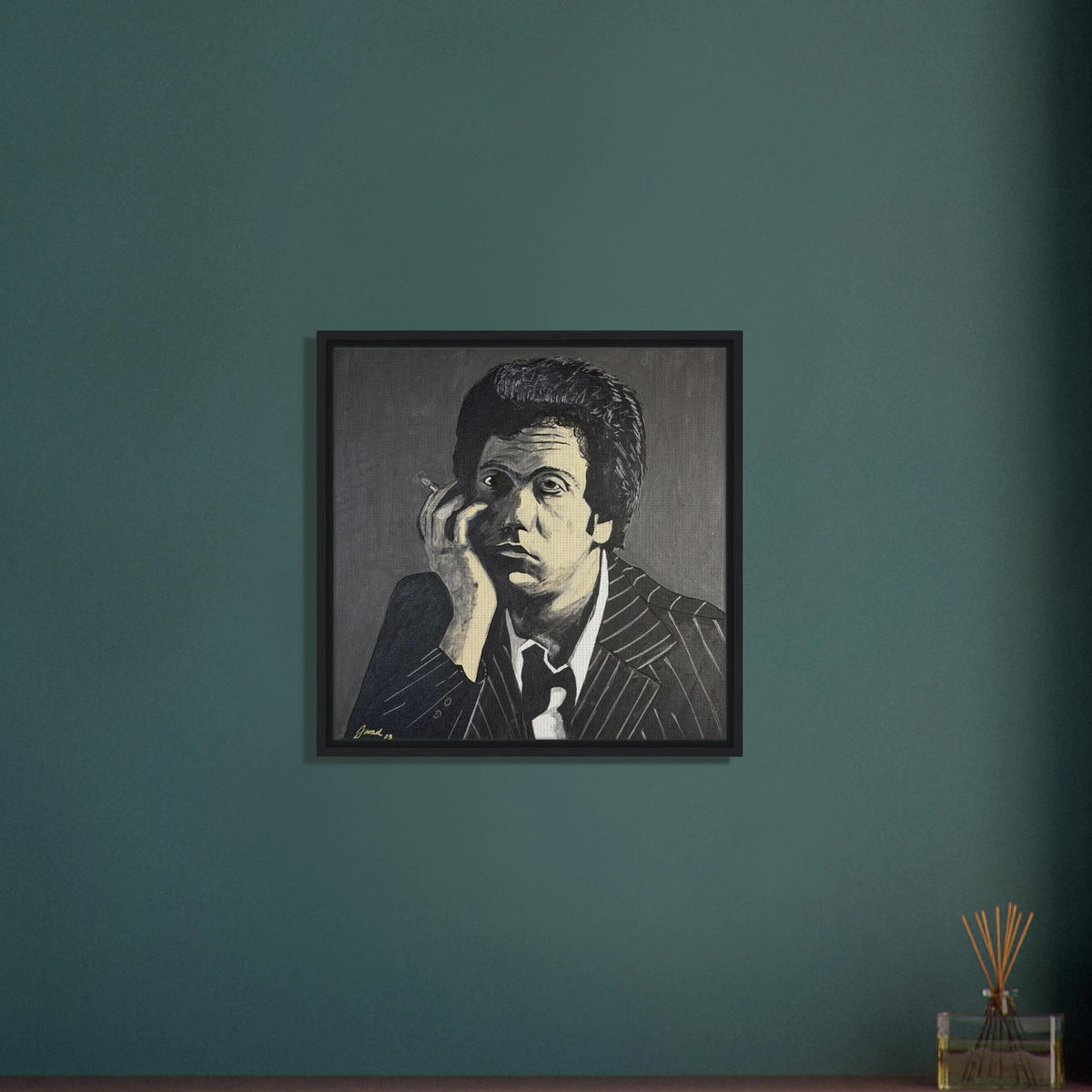 Monochromatic portrait of Billy Joel in black, white and gray on a 24×24 in framed canvas reproduction