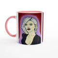Glossy 11 oz ceramic mug showing Johnny X's The Alchemist — A Muse of the Divine portrait with colored rim, interior and handle