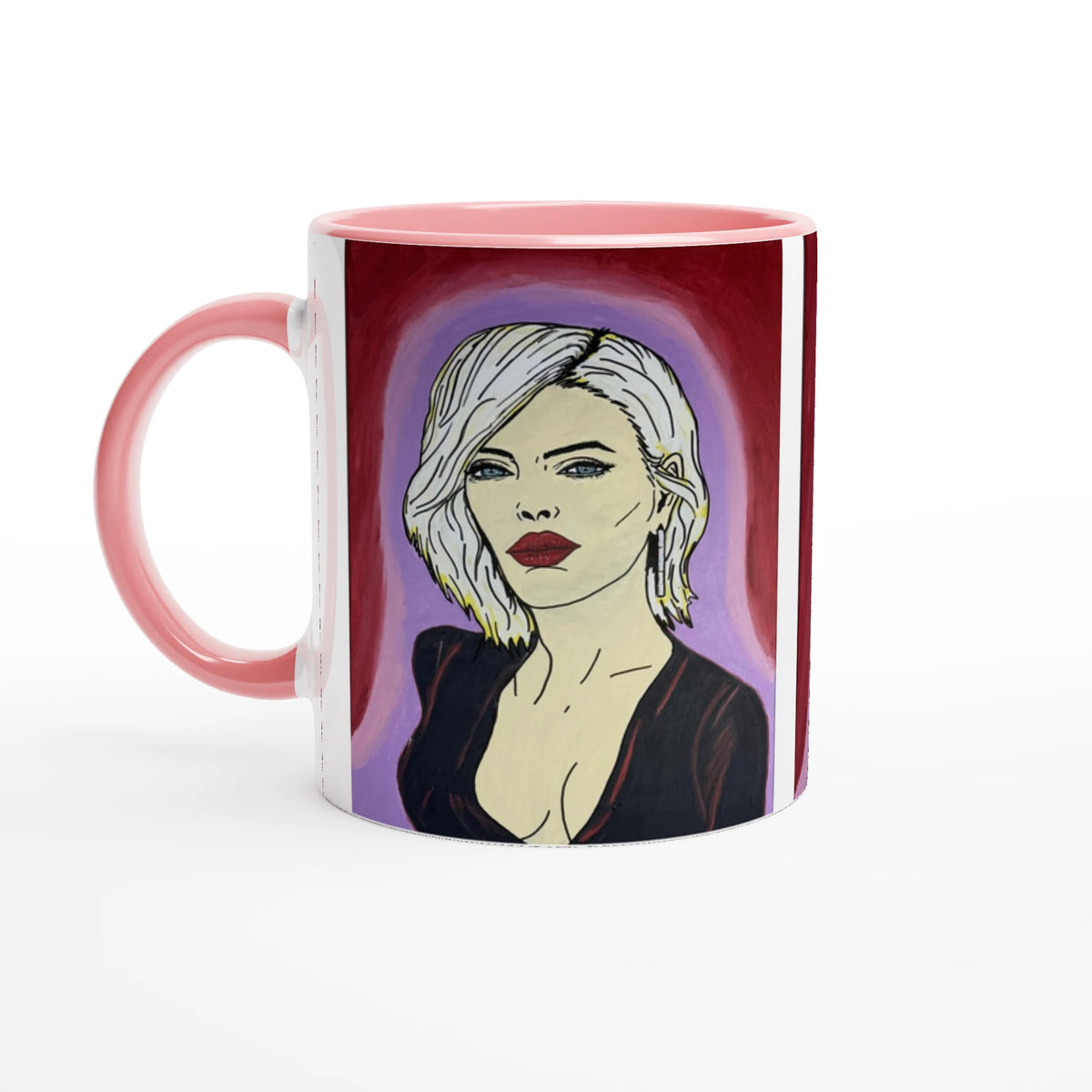 Glossy 11 oz ceramic mug showing Johnny X's The Alchemist — A Muse of the Divine portrait with colored rim, interior and handle