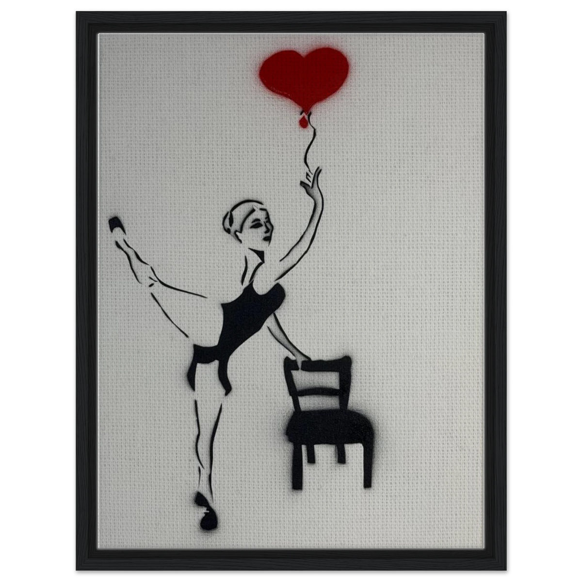 Framed 18×24 canvas reproduction of Balloon of Love: girl on one foot, empty chair, red heart balloon tied to her fingertips.
