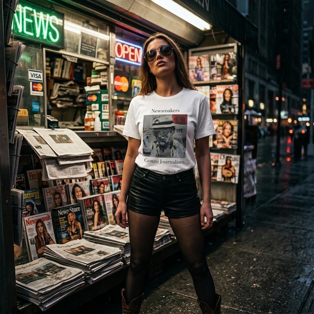 Heavyweight unisex tee printed with Johnny X's Newsmakers — Gonzo Journalism artwork: Thompson in bucket hat over visible newspaper pages